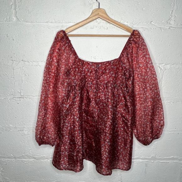 Altar'd State Women's Balloon Sheer Sleeves Floral Janey Dress Burgundy Medium - Picture 4 of 9